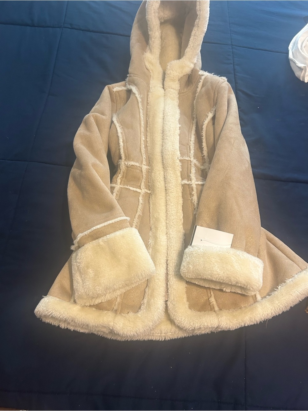Hooded Faux Shearling Coat in Tan - Picture 2 of 2